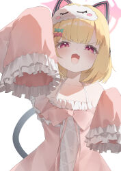 1girl :d absurdres alternate_costume animal_ear_headphones animal_ears blonde_hair blue_archive blush cat_ear_headphones cat_ears cat_tail collarbone commentary dress fake_animal_ears fang frilled_sleeves frills hair_ornament halo hands_up headphones highres ixia559 long_sleeves looking_at_viewer momoi_(blue_archive) open_mouth pajamas pink_eyes pink_halo pink_pajamas short_hair simple_background skin_fang sleep_mask sleepwear sleeves_past_fingers sleeves_past_wrists smile solo tail upper_body v-shaped_eyebrows white_background wide_sleeves 