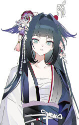  1girl arknights beichezhuangle black_hair black_kimono blue_eyes blunt_bangs chest_sarashi commentary eyeliner flower hair_flower hair_intakes hair_ornament hair_stick hair_wings highres japanese_clothes kanzashi kimono long_hair looking_at_viewer makeup mio_(arknights) obiage obijime red_eyeliner sarashi sidelocks simple_background solo split-color_clothes sword symbol-only_commentary two-tone_kimono wakizashi weapon white_background white_kimono 