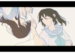  2girls 555emauma absurdres black_hair blue_eyes blue_neckerchief blue_sailor_collar border brown_hair closed_eyes closed_mouth commentary earphones english_commentary hand_in_another's_hair hibike!_euphonium highres kasaki_nozomi kitauji_high_school_uniform letterboxed liz_to_aoi_tori long_hair looking_at_another lying multiple_girls neckerchief ponytail sailor_collar school_uniform serafuku shared_earphones shirt short_sleeves white_background white_border white_shirt yoroizuka_mizore yuri 
