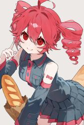  1girl absurdres ahoge baguette bare_shoulders black_shirt black_skirt black_sleeves bread breast_pocket detached_sleeves double-parted_bangs drill_hair fingernails food hair_between_eyes haru_(ririne9999rine) highres holding holding_food kasane_teto kasane_teto_(utau) miniskirt nail_polish number_tattoo pocket red_eyes red_hair red_nails red_trim shirt shoulder_tattoo skirt sleeveless sleeveless_shirt smile tattoo twin_drills twintails utau 