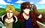  2boys argyle bad_boy blonde_hair brown_hair caesar_anthonio_zeppeli facial_mark fur_collar gloves goggles goggles_on_head green_eyes jacket jojo_no_kimyou_na_bouken joseph_joestar_(young) leather_jacket multiple_boys 