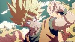  1boy absurdres blonde_hair blue_shirt dragon_ball dragon_ball_z green_eyes highres male_focus medium_hair merik_(merimo) muscular muscular_male orange_shirt outdoors parted_lips shirt solo son_goku spiky_hair super_saiyan super_saiyan_1 upper_body 