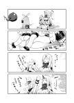  2girls 4koma ahoge claws comic highres horn horns iwami_shouko kantai_collection long_hair mittens monochrome multiple_girls northern_ocean_hime seaport_hime shinkaisei-kan sitting sitting_on_person translation_request watching_television 