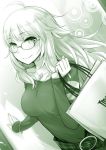  1girl ahoge ayakura_juu bag bespectacled bracelet breasts bust glasses green hoshii_miki idolmaster jewelry long_hair looking_at_viewer monochrome necklace shopping_bag smile solo 