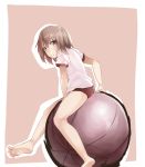  1girl ball bare_legs barefoot batatata77 brown_eyes brown_hair buruma gym_uniform original solo sweatdrop 