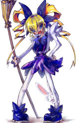  1girl archived_source blonde_hair blue_bow blue_dress blue_eyes blue_shoes blush_stickers bow broom closed_eyes commentary_request dot_nose dress dress_bow drill_hair drill_sidelocks full_body genocide_kitten gunbird hair_between_eyes hair_rings hand_on_own_hip hiding hiding_behind_another holding holding_broom hug huge_bow hugging_another's_leg juliet_sleeves legs_apart long_sleeves looking_at_viewer marion open_mouth pantyhose pigeon-toed pinafore_dress pince-nez pomupomu psikyo puffy_sleeves rabbit rimless_eyewear round_eyewear shirt shoes short_dress sidelocks simple_background single_tear sleeveless sleeveless_dress standing straight-on teeth twin_drills twintails white_background white_pantyhose white_rabbit_(animal) white_shirt witch 
