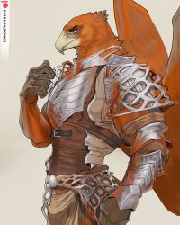  1boy armor artist_name beak bird_boy bird_wings breastplate closed_mouth ekzonzz elden_ring elden_ring_nightreign english_commentary feathered_wings from_side furry furry_male guardian_(elden_ring) highres male_focus patreon_logo patreon_username profile wings 