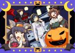  4girls ;d adapted_costume alternate_costume animal_ears bat_wings black_hair blue_eyes brown_hair detached_sleeves double_bun fake_animal_ears glasses green_eyes hair_ornament hairband hairclip halloween haruna_(kantai_collection) hat hiei_(kantai_collection) highres kantai_collection kemonomimi_mode kirishima_(kantai_collection) kongou_(kantai_collection) long_hair multiple_girls nontraditional_miko notice_(kou) one_eye_closed open_mouth rensouhou-chan short_hair smile tail vampire_costume violet_eyes wings witch_hat wolf_ears wolf_paws wolf_tail yellow_eyes 