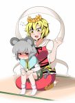  2girls animal_ears black_hair blonde_hair blush capelet commentary_request dress fang flying_sweatdrops gem grey_dress grey_hair hair_ornament jewelry long_sleeves mouse_ears mouse_tail multicolored_hair multiple_girls nazrin necklace open_mouth pendant red_dress red_eyes rinmei shawl sitting sitting_on_lap sitting_on_person smile tail tiger_print toramaru_shou touhou two-tone_hair yellow_eyes 