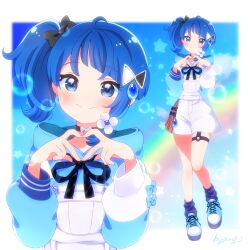 1girl ahoge artist_name asymmetrical_bangs black_bow black_choker blue_background blue_bow blue_eyes blue_hair blue_hoodie blue_shoes blue_socks blush border bow bubble_background choker closed_mouth commentary commission cosplay cut_bangs diagonal_bangs drawstring flower four-finger_heart_hands full_body garter_straps hair_bow hair_flower hair_ornament hands_up heart heart_hands hirogaru_sky!_precure hood hood_down hoodie knees_together_feet_apart kyanos_(b_0000ff) long_hair long_sleeves looking_at_viewer loose_socks multiple_views overalls pixiv_commission platform_shoes ponytail precure rainbow shoes side_ponytail signature single_sidelock sleeve_bow smile sneakers socks sora_harewataru split_mouth standing star_(symbol) star_symbol_background tied_drawstring tsumugi_kokage tsumugi_kokage_(cosplay) vspo! water_drop_hair_ornament white_border white_overalls