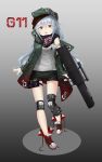  1girl absurdres assault_rifle bangs boots brown_eyes commentary_request eyebrows_visible_through_hair g11 g11_(girls_frontline) girls_frontline gradient gradient_background green_eyes gun hair_between_eyes hat highres holster jacket kakutasu_(akihiron_cactus) knee_pads leg_belt long_hair looking_at_viewer off_shoulder open_mouth rifle scarf scope short_shorts shorts silver_hair simple_background solo thigh_holster very_long_hair weapon 