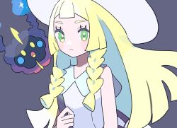  1girl blonde_hair braid closed_mouth cosmog dress eneko_(olavcnkrpucl16a) eyelashes green_eyes grey_background hat lillie_(pokemon) long_hair looking_at_viewer poke_ball pokemon pokemon_sm sleeveless sleeveless_dress twin_braids upper_body white_dress white_hat 