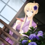  1girl alternate_costume alternate_hairstyle blonde_hair blurry depth_of_field dutch_angle flower flower_on_head folded_ponytail highres holding japanese_clothes jishou_roukyuu kimono long_hair looking_at_viewer plate smile solo touhou violet_eyes yakumo_yukari 