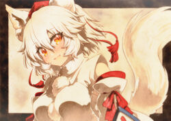  1girl animal_ears breasts detached_sleeves fang hair_between_eyes hat highres inubashiri_momiji looking_at_viewer medium_breasts open_mouth pom_pom_(clothes) red_eyes rinka_(qqqrinkappp) shirt short_hair skin_fang sleeveless sleeveless_shirt smile solo tail tassel tokin_hat touhou traditional_media upper_body white_hair white_shirt wolf_ears wolf_girl wolf_tail 