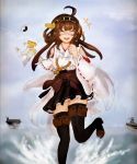  1girl admiral_(kantai_collection) ahoge brown_hair brown_legwear carrier closed_eyes clouds cloudy_sky facing_viewer hat hat_removed headgear headwear_removed kantai_collection kongou_(kantai_collection) long_hair military military_uniform nontraditional_miko ocean open_mouth outdoors peaked_cap pleated_skirt pulling ribbon-trimmed_sleeves ribbon_trim running_on_water scan skirt sky smile solo splashing t-head_admiral thigh-highs uniform warship wide_sleeves windhide 