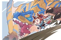  1girl absurdres animal_ears blue_sclera blush brown_hair character_request chibi claws colored_sclera fangs highres horse_ears horse_girl horse_tail long_hair mask mask_on_head monster monster_hunter_(series) old-night open_mouth pelvic_curtain ponytail running sakura_bakushin_o_(umamusume) scarf sharp_teeth tail teeth umamusume violet_eyes wings 