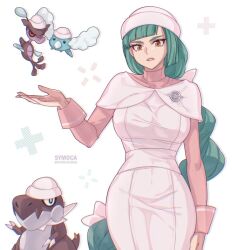  1girl apron artist_name bird blunt_bangs bow braid braided_ponytail breasts capelet claws colored_sclera colored_skin cosplay dark_skin dot_pupils dress fangs fish green_hair hand_up hat joy_(pokemon) joy_(pokemon)_(cosplay) juliet_sleeves lebanne_(pokemon) long_braid long_hair long_skirt long_sleeves medium_breasts nurse nurse_cap pencil_skirt pink_dress pink_lips pokemon pokemon_(creature) pokemon_legends:_z-a puffy_sleeves purple_skin red_sclera seahorse skin_fangs skirt skrelp swablu symoca tsurime turtleneck tyrannosaurus_rex tyrunt white_apron white_bow white_capelet white_hat white_skirt 