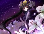  1girl absurdly_long_hair black_hair blush clock emia_(castilla) flower hair_flower hair_ornament hakama haori japanese_clothes light_particles lily_(flower) long_hair night night_sky open_mouth pink_eyes puzzle_&amp;_dragons scarf sitting sketch sky sleeveless solo star_(sky) starry_sky twintails very_long_hair yomi_(p&amp;d) 