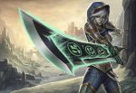  1girl armor breasts brown_eyes cowboy_shot fighting_stance foreshortening glowing glowing_sword glowing_weapon hood league_of_legends parted_lips penator riven_(league_of_legends) ruins shoulder_pads signature silver_hair solo thigh-highs weapon 