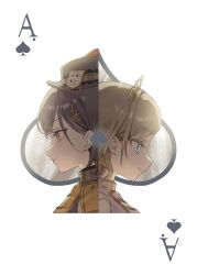  2girls 5th_live_tour_~4pair_power_spread!!!!~ absurdres ace_(playing_card) ace_of_spades blue_eyes card card_(medium) ceras_yanagida_lilienfeld closed_mouth commentary drive_spade_crazy edel_note edelied gold_tiara grey_hair hair_ornament hair_ribbon highres katsuragi_izumi link!_like!_love_live! long_hair love_live! multiple_girls official_alternate_costume orange_eyes playing_card playing_card_(medium) profile ribbon side_ponytail smile spade_(shape) sunkeun triangle_hair_ornament virtual_youtuber yellow_ribbon 
