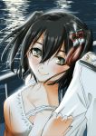  1girl admiral_(kantai_collection) black_hair blush brown_eyes bust camisole collarbone hair_ornament kantai_collection looking_at_viewer sendai_(kantai_collection) short_hair smile sogabe_toshinori solo_focus two_side_up water 