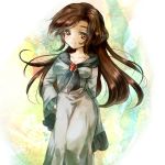  1girl breasts brooch brown_hair collarbone dated dress hands_on_hips hisagifuro humanization imaizumi_kagerou jewelry long_hair long_sleeves looking_at_viewer messy_hair red_eyes simple_background smile solo standing touhou white_dress 