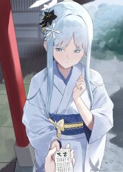  1girl 1other absurdres animal_print black_flower blue_archive closed_mouth colored_eyelashes commentary day evening_rabbit flower hair_bun hair_flower hair_ornament halo highres holding holding_omikuji holding_paper incoming_object japanese_clothes kimono light_blush long_hair looking_at_viewer nagusa_(blue_archive) obi official_alternate_costume official_alternate_hairstyle omikuji outdoors paper pov pov_hands print_kimono ribbon sash shrine snowflake_hair_ornament snowflake_halo temple translation_request white_eyelashes white_eyes white_hair white_halo white_kimono 