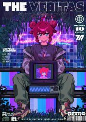  1girl absurdres ahoge alternate_costume barcode black_shirt blue_archive blue_eyes closed_mouth clothes_writing commentary crt double_bun english_text faux_retro_artstyle green_pants hair_between_eyes hair_bun halo highres hrna jacket jewelry long_sleeves looking_at_viewer maki_(blue_archive) millennium_science_school_logo necklace neon_sign open_clothes open_jacket pants plant red_hair shirt shoes sitting solo test_card tile_wall tiles 