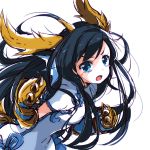  1girl black_hair blue_eyes blush_stickers brass_knuckles china_dress chinese_clothes dragon_girl dragon_horns gloves head_fins highres horns karin_(p&amp;d) long_hair open_mouth pikomarie puzzle_&amp;_dragons weapon 