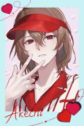  1boy akechi_gorou alternate_costume blue_border border brown_hair character_name collared_shirt commentary cupcake doran_(doran7280) employee_uniform english_text food hair_between_eyes hand_up hat heart highres looking_at_viewer male_focus medium_hair multicolored_shirt parted_lips persona persona_5:_dancing_star_night persona_dancing polo_shirt portrait red_eyes red_hat red_shirt shirt smile solo striped_clothes striped_shirt symbol-only_commentary upper_body v visor_cap white_shirt 