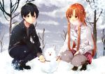  1boy 1girl asuna_(sao) black_eyes black_hair breath brown_eyes brown_hair g-buri highres kirito long_hair pantyhose short_hair snow snowman squatting sword_art_online 