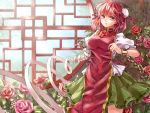  1girl bandages breasts bun_cover chain cuffs double_bun flower hair_bun ibaraki_kasen large_breasts looking_at_viewer pink_eyes pink_hair puffy_short_sleeves puffy_sleeves red_rose rose shackles shironeko_yuuki shirt short_sleeves skirt solo tabard touhou 