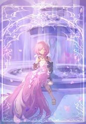  2girls bare_shoulders breasts coat commentary cyrene_(aedes_elysiae)_(honkai:_star_rail) cyrene_(honkai:_star_rail) cyrene_(ripples_of_past_reverie)_(honkai:_star_rail) dress dual_persona fountain highres honkai:_star_rail honkai_(series) jewelry lap_pillow long_hair multicolored_hair multiple_girls necklace pink_hair purple_coat sandals short_hair sitting small_breasts suwa_(swk_kkk) toes two-tone_hair very_long_hair white_dress white_hair 