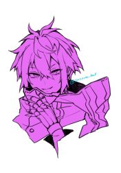  1boy absurdres commentary_request cropped_head crossed_bangs double-parted_bangs hair_between_eyes hand_up highres holding holding_mask joints looking_at_viewer male_focus mask monochrome original parted_lips short_hair simple_background smile solo srt_rice_ball unworn_mask white_background 