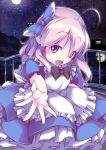  1girl ahoge apron arisugawa_nao bowtie dress frilled_dress frills highres josephine_(twin_tail_rabbit) long_hair looking_at_viewer maid_apron moon night night_sky original puffy_short_sleeves puffy_sleeves purple_hair ribbon short_sleeves sky solo star_(sky) starry_sky violet_eyes 