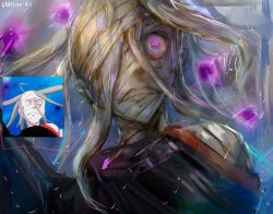  1girl absurdres artist_name bad_link bandaged_head bandages cape excited grey_hair highres oil_painting_(medium) painting_(medium) pink_eyes re:zero_kara_hajimeru_isekai_seikatsu sirius_(re:zero) traditional_media witch 