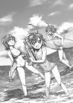  3girls bikini last_order long_hair misaka_imouto misaka_worst monochrome multiple_girls namo ocean swimsuit to_aru_majutsu_no_index water_gun 