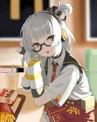 1girl alternate_costume anby_demara glasses looking_at_viewer mcdonald's pov short_hair zenless_zone_zero