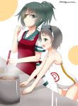  2girls apron black_hair blue_eyes blue_hair brown_eyes cooking cooking_pot eyepatch goggles goggles_on_head kantai_collection kiso_(kantai_collection) ladle maru-yu_(kantai_collection) multiple_girls school_swimsuit school_uniform serafuku short_hair short_ponytail skirt sotogawa_max swimsuit white_school_swimsuit white_swimsuit 