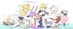  6+girls absurdres alice_margatroid animal_ears arm_warmers artist_name blonde_hair blue_skirt bow brown_shirt can card clenched_hand closed_mouth collared_shirt commentary controller crt599 dress drink_can eating english_commentary floppy_ears food food_on_face frilled_hairband frills fujiwara_no_mokou game_controller green_eyes grey_hair hair_bow hairband hat hat_ribbon highres holding holding_card holding_controller holding_food holding_game_controller holding_pizza inaba_tewi joker_(playing_card) kirisame_marisa kneehighs lolita_hairband long_hair long_sleeves mizuhashi_parsee mob_cap multiple_girls necktie no_headwear nose_bubble pants pink_dress pizza pizza_box pizza_slice plate playing_card playing_games pointy_ears purple_hair rabbit_ears rabbit_girl rabbit_tail red_eyes red_hairband red_necktie red_pants reisen_udongein_inaba remilia_scarlet ribbon shanghai_doll shirt sitting skirt sleeping socks suspenders sweatdrop tail thigh-highs touhou touhou_20th_popularity_poll very_long_hair white_hat white_shirt white_socks white_thighhighs yellow_eyes |_| 