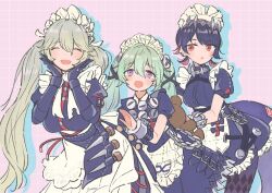  3girls :d ^_^ alexandrina_sebastiane apron black_hair blush closed_eyes colored_inner_hair commentary_request corin_wickes cowboy_shot dress ellen_joe facing_viewer fins fish_tail frilled_apron frills green_hair grey_hair grid_background hair_between_eyes hands_on_own_chin highres looking_at_viewer maid maid_apron maid_headdress mole mole_under_eye multicolored_hair multiple_girls open_mouth pale_color parted_lips puffy_sleeves red_eyes shark_girl shark_tail shiro_chan46 smile spiked_headband tail twintails violet_eyes white_apron white_headdress zenless_zone_zero 