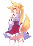  1girl animal_ears blonde_hair cowboy_shot finger_to_mouth fox_ears fox_tail from_behind garter_straps japanese_clothes long_hair looking_at_viewer miko original ponytail red_eyes sketch skirt smile solo tail thigh-highs white_background white_legwear yasumo_(kuusouorbital) 