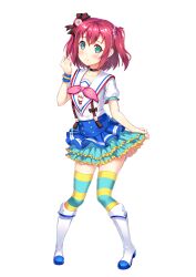  1girl aozora_jumping_heart black_choker black_ribbon blush boots breasts choker closed_mouth collarbone earrings embarrassed frills full_body green_eyes hair_ornament hair_ribbon hair_scrunchie hand_up highres jewelry kurosawa_ruby ldfe_mk2 looking_at_viewer love_live! love_live!_sunshine!! medium_hair pigeon-toed pink_scrunchie raised_inner_eyebrows red_hair ribbon sailor_collar scrunchie short_sleeves simple_background skirt small_breasts solo standing striped_clothes striped_thighhighs thigh-highs two_side_up white_background white_boots white_sailor_collar wristband 