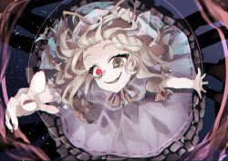  1girl absurdres blonde_hair bow breasts dark_persona dress dress_ribbon english_text evil_smile falling_petals frills hair_bow hat heterochromia highres long_dress maribel_hearn mob_cap muraryo petals purple_dress reaching reaching_towards_viewer red_bow red_eyes red_ribbon ribbon smile solo tears tears_from_one_eye touhou transformation white_hat yakumo_yukari yellow_eyes 