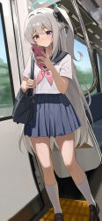 1girl absurdres bag black_bag black_bow black_shoes blue_archive blue_collar blue_skirt braid hair_between_eyes hair_ornament half_up_braid half_updo halo highres holding_phone instrument_case loafers looking_at_phone miyako_(blue_archive) pink_bow pleated_skirt purple_eyes rega school_uniform seifuku short_sleeves shoulder_bag side_ponytail skirt solo train white_hair white_sleeves window