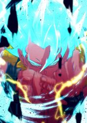  1boy aura blue_eyes blue_hair close-up debris dragon_ball dragon_ball_super dragon_ball_super_broly electricity glowing glowing_hair gogeta male_focus solo spiky_hair stktik09060906 super_saiyan super_saiyan_blue upper_body 