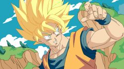  1boy absurdres blonde_hair blue_shirt dragon_ball dragon_ball_z green_eyes highres male_focus medium_hair merik_(merimo) muscular muscular_male orange_shirt outdoors parted_lips shirt solo son_goku spiky_hair super_saiyan super_saiyan_1 upper_body 