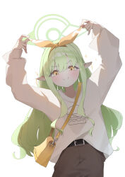  >:) 1girl absurdres arms_up backlighting bag belt black_belt blue_archive blush brown_pants buckle burger_print c: closed_mouth commentary_request cowboy_shot doyagao green_hair hair_ribbon halo highres hikari_(blue_archive) hikari_(mom's_touch)_(blue_archive) ixia559 long_hair long_sleeves looking_at_viewer official_alternate_costume orange_ribbon pants pointy_ears print_shirt ribbon shirt shoulder_bag sidelocks simple_background sleeves_past_wrists smile smug solo sparkle split_mouth sweater upper_body v-shaped_eyebrows very_long_hair white_background white_shirt white_sweater yellow_eyes 