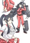  1girl ;) akaneyu_akiiro alternate_costume black_hair brown_eyes kantai_collection long_hair looking_at_viewer machinery one_eye_closed ponytail simple_background sketch smile solo sweat track_jacket track_suit translation_request turret very_long_hair white_background yahagi_(kantai_collection) 