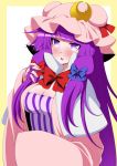  1girl blush bow breasts cleavage eichi_yuu hair_bow hair_ribbon long_hair looking_at_viewer mob_cap open_mouth patchouli_knowledge purple_hair ribbon solo touhou violet_eyes 